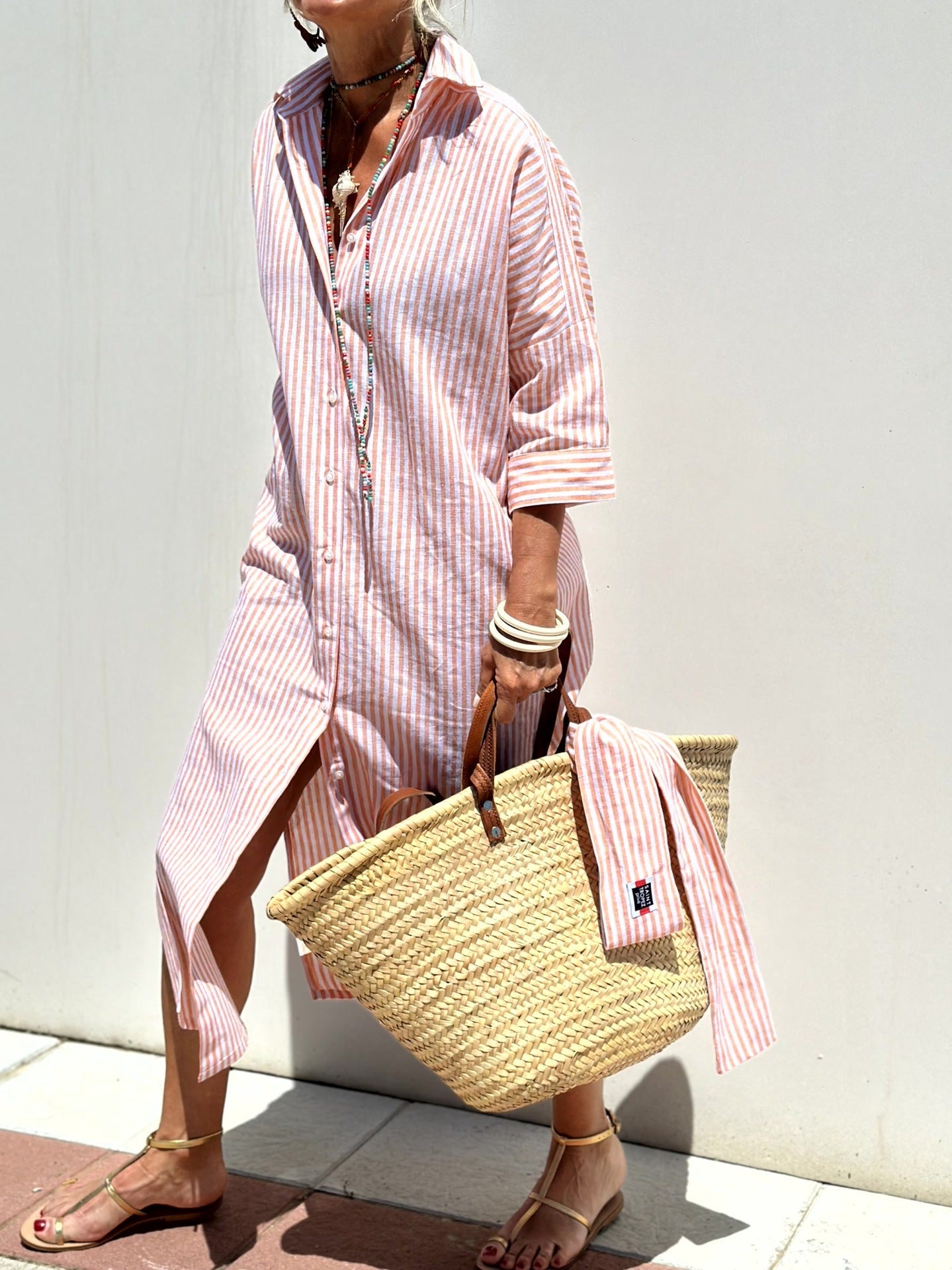 Women's Shirt Dress – Relaxed Fit – Geometric Pattern – Knee-Length – Button Front