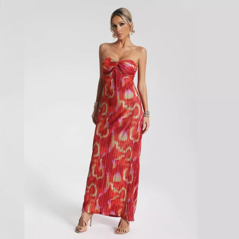 Dress for Women – Strapless Maxi Dress – Slim Fit – Pleated Fabric – Abstract Pattern