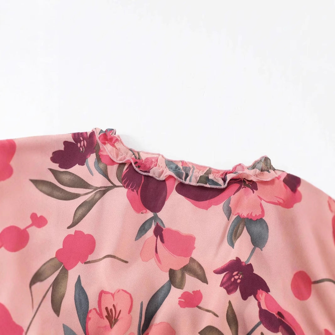 Kjole for dame – Chiffon – Bohemsk passform – V-hals – Blomsterprint – Maksilengde