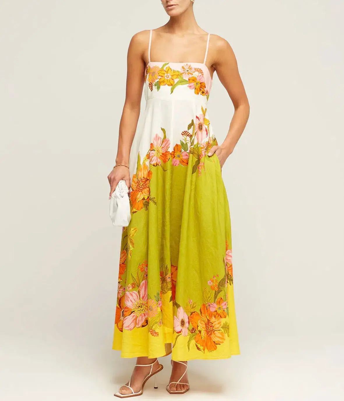 Women's midi dress – A-line fit – Smocked bodice – Spaghetti straps – Patterned