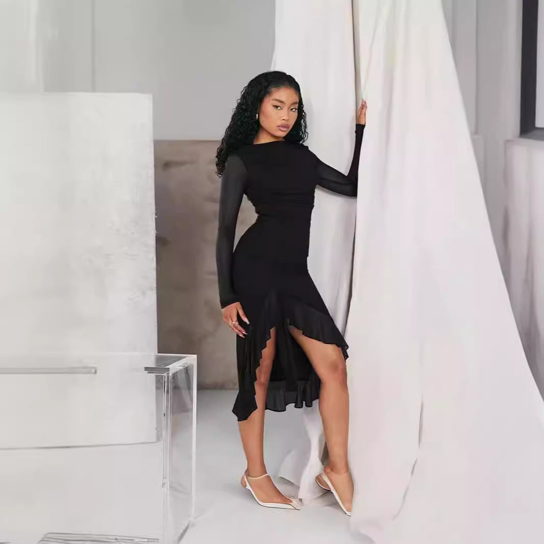 Dress for Women – Slim Fit – Transparent Long Sleeves – Asymmetric Ruffle Hem