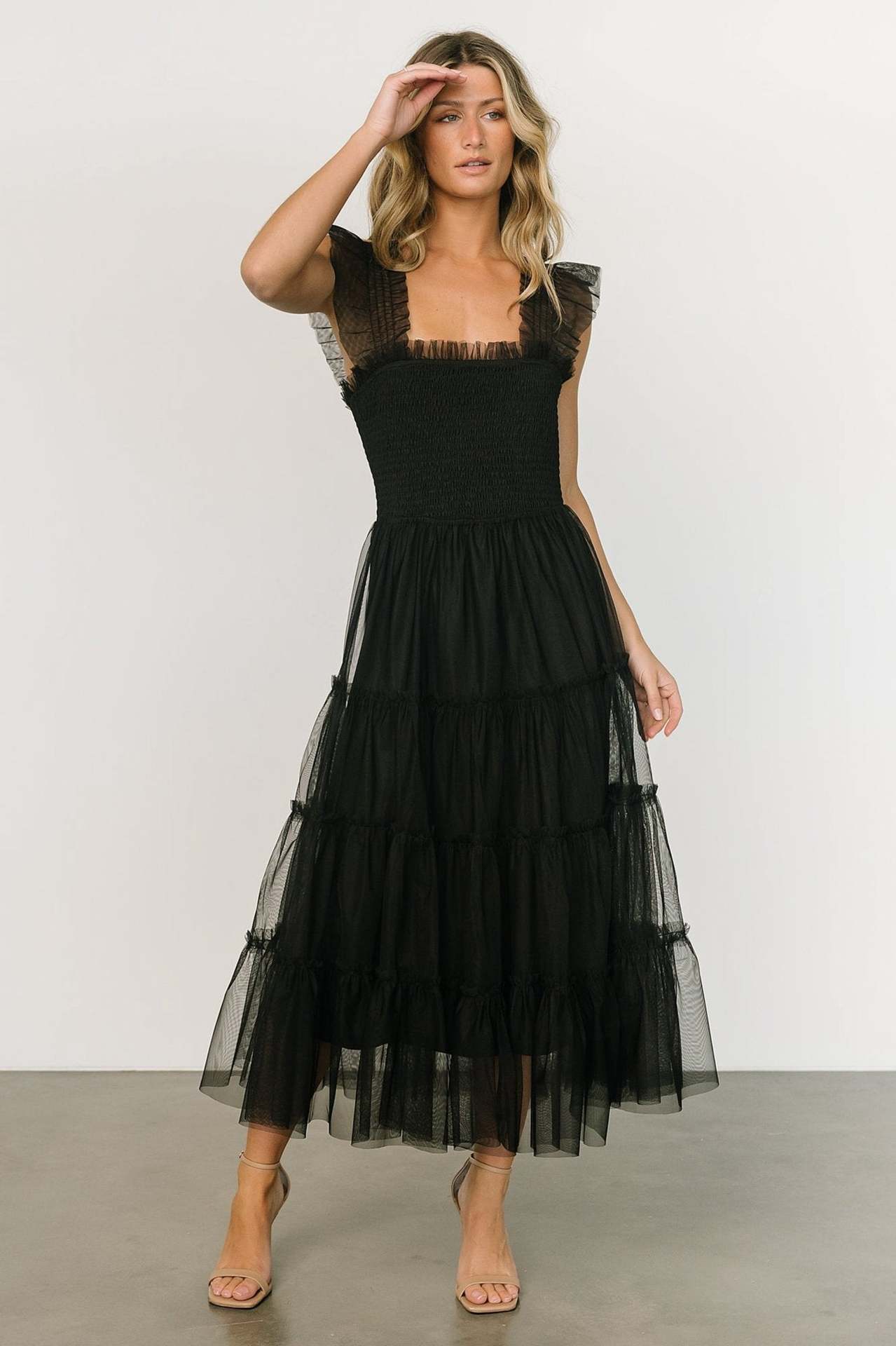 Women's Dress Long – Smocked Bodice – Tiered Mesh Skirt – Sleeveless with Ruffles