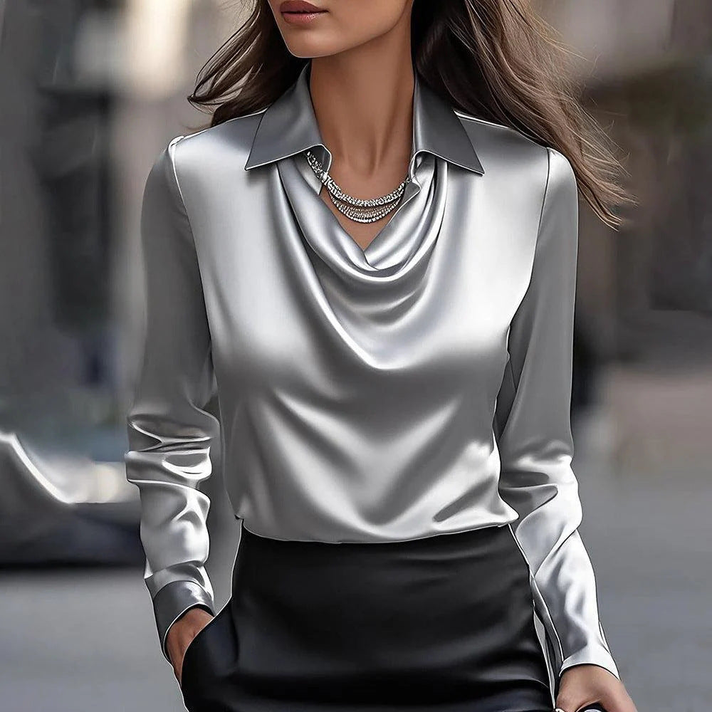 Women's Blouse – Satin-like Fabric – Draped Cowl Neck – Tailored Fit – Long Sleeve