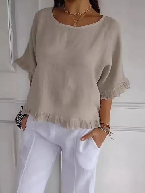 Women's Blouse – Linen and Cotton – Relaxed Fit – Ruffle Edge – Round Neck
