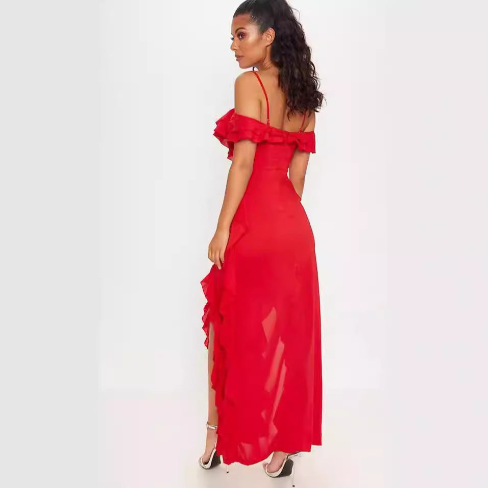 Dress for Women – Long Chiffon Dress – Slim Fit – Off-shoulder with Ruffles