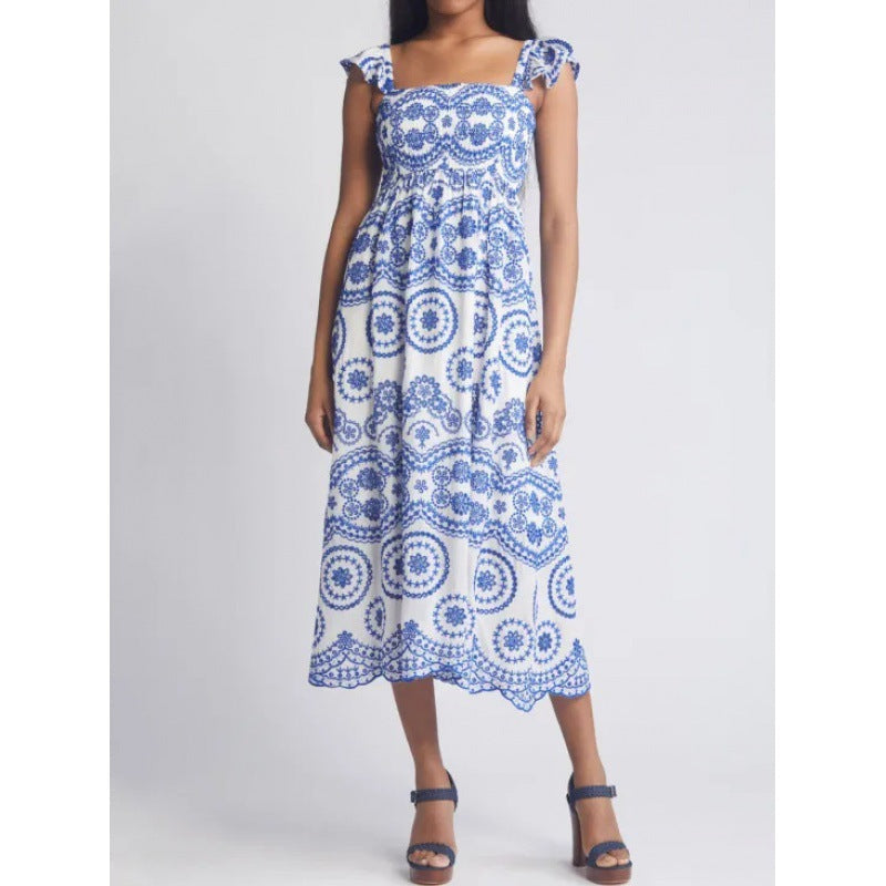 Dress woman midi – cotton – relaxed fit – ruffle sleeves – square neckline
