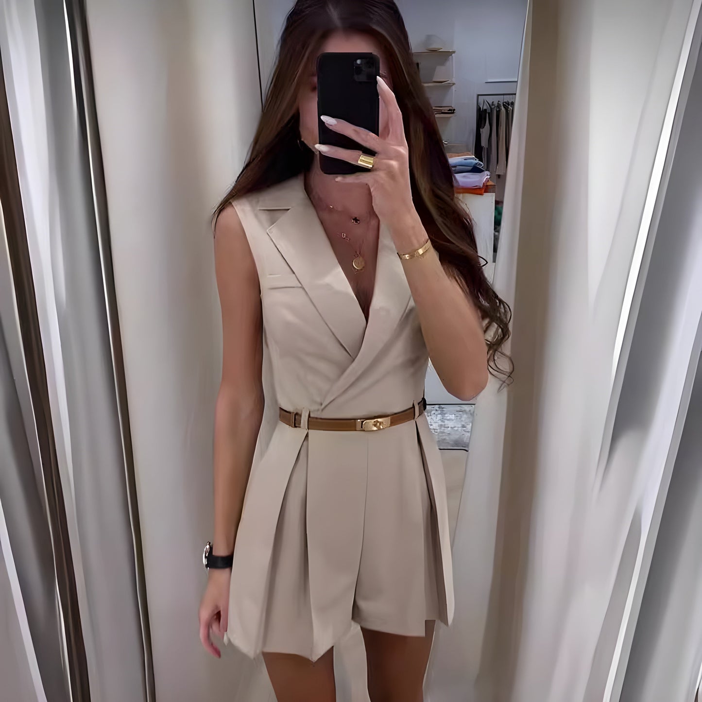 Women's Jumpsuit – Sleeveless – Tailored Fit – Deep V-Neck – Belt – Soft Fabric