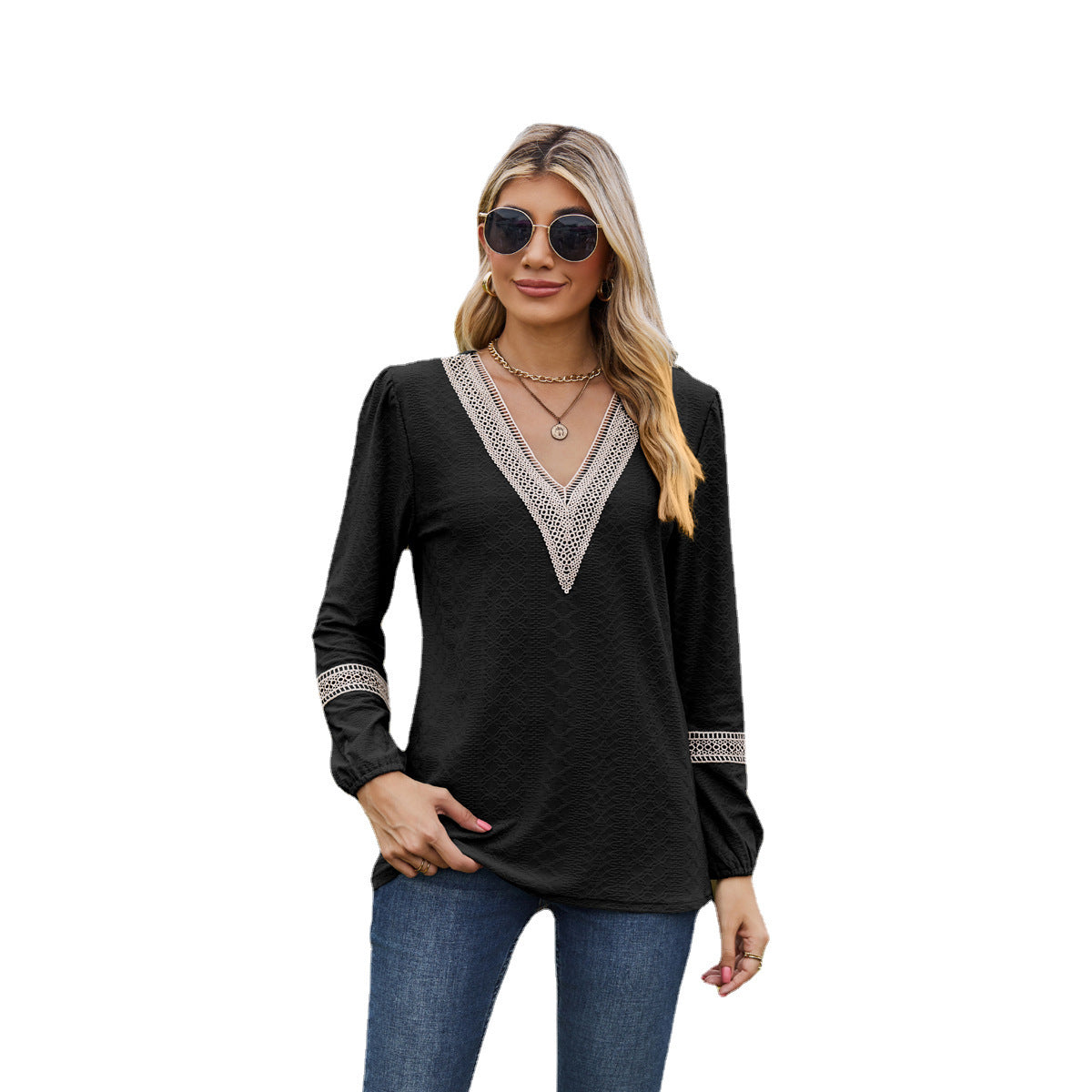 Women's Long-Sleeve T-Shirt – V-Neck – Loose Fit – Lace – Breathable Fabric