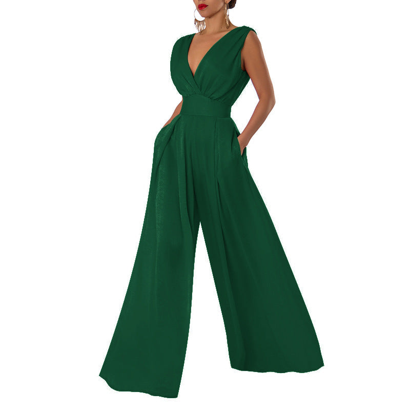 Dame Jumpsuit – Høy Midje – Dyp V-hals – Vid Ben – Ermeløs Elegant Passform