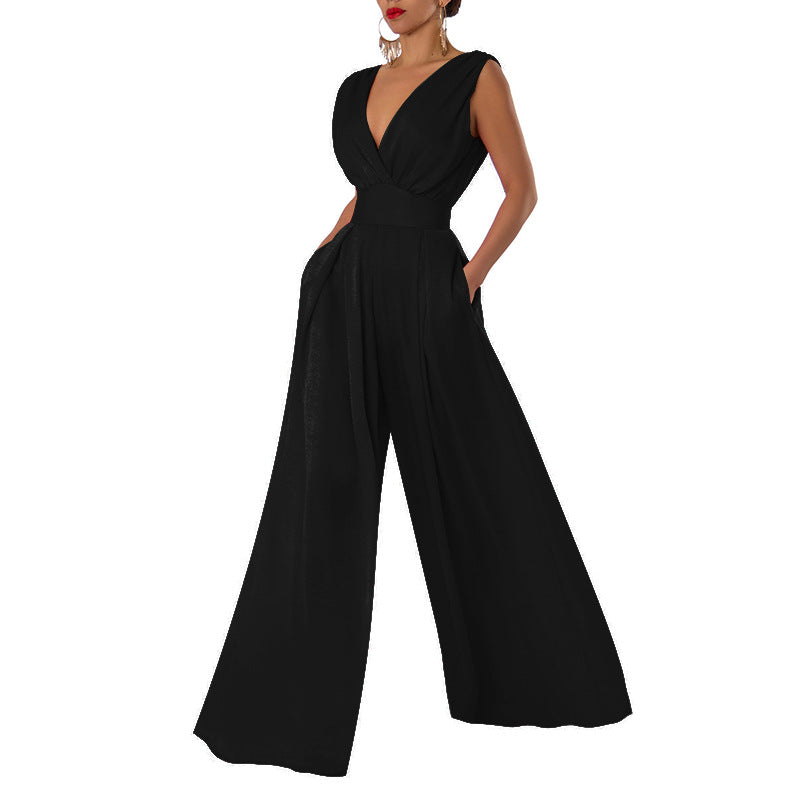 Dame Jumpsuit – Høy Midje – Dyp V-hals – Vid Ben – Ermeløs Elegant Passform