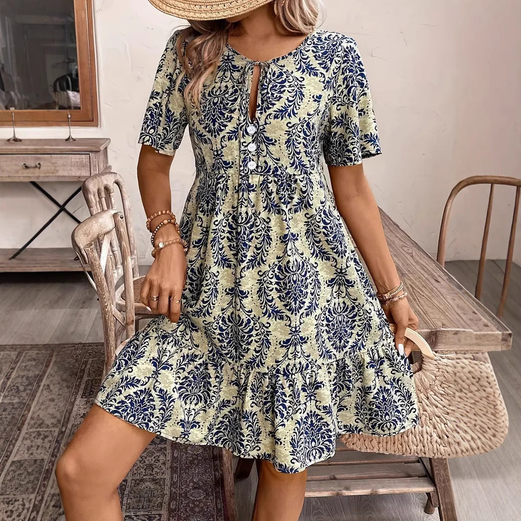 Dress for Women – V-Neck – Loose Fit – Short Sleeve – Printed Cotton Pattern