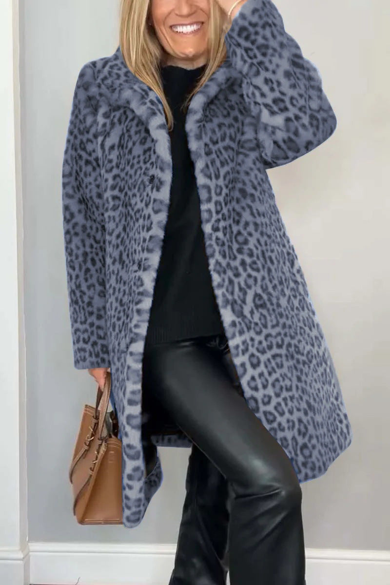 Women's Coat – Faux Fur – Oversized Fit – Animal Print – Open Front – Notch Collar