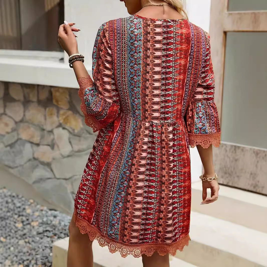 Dress woman – V-neck A-line – Boho pattern – Lace – 3/4 sleeves breathable fit
