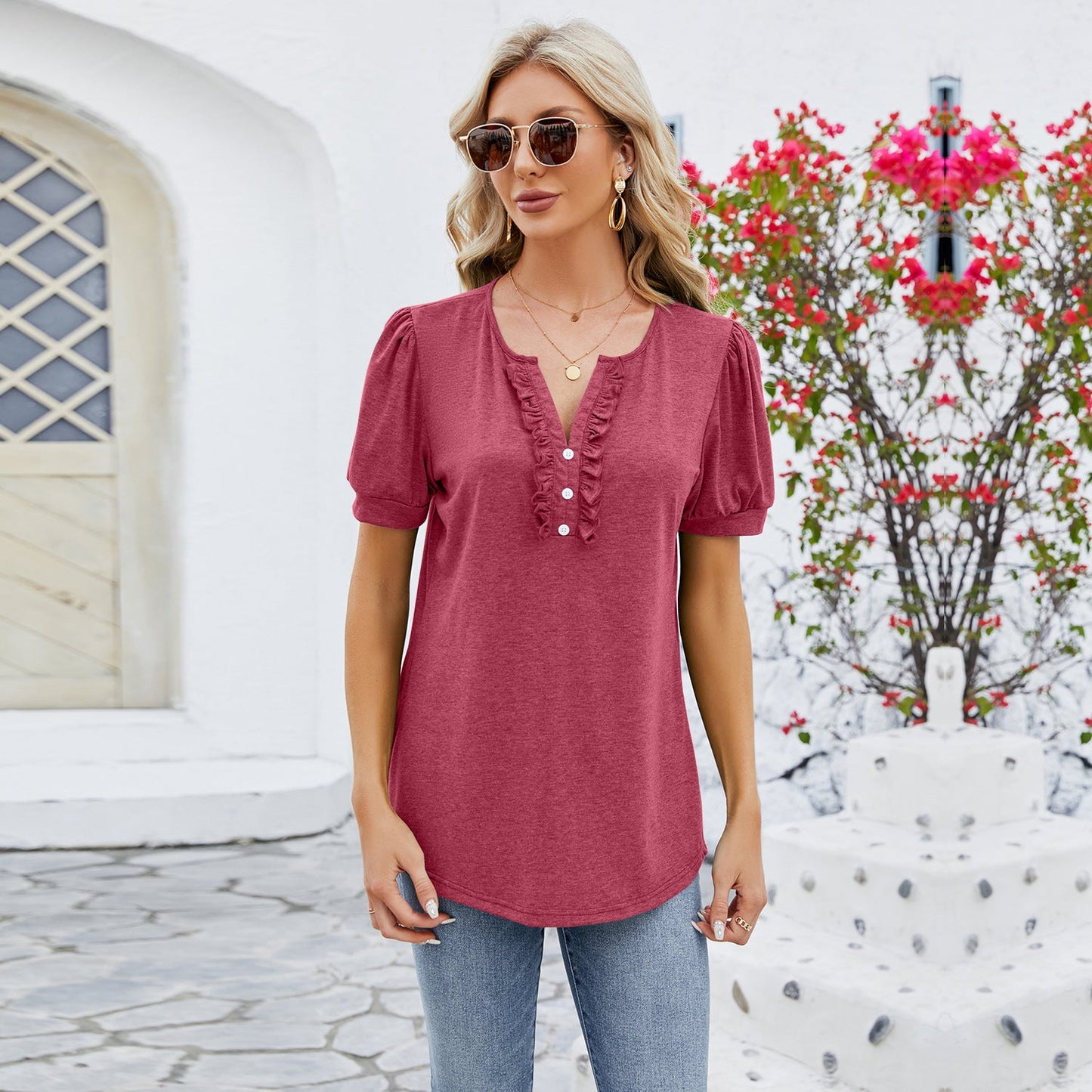 Women's T-shirt – V-neck – Buttons – Ruffle Edge – Relaxed Fit – Breathable Fabric