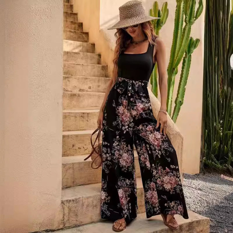 Women's Jumpsuit – Sleeveless – Relaxed Fit – Floral Print – Full Length