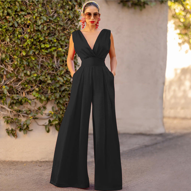 Dame Jumpsuit – Høy Midje – Dyp V-hals – Vid Ben – Ermeløs Elegant Passform