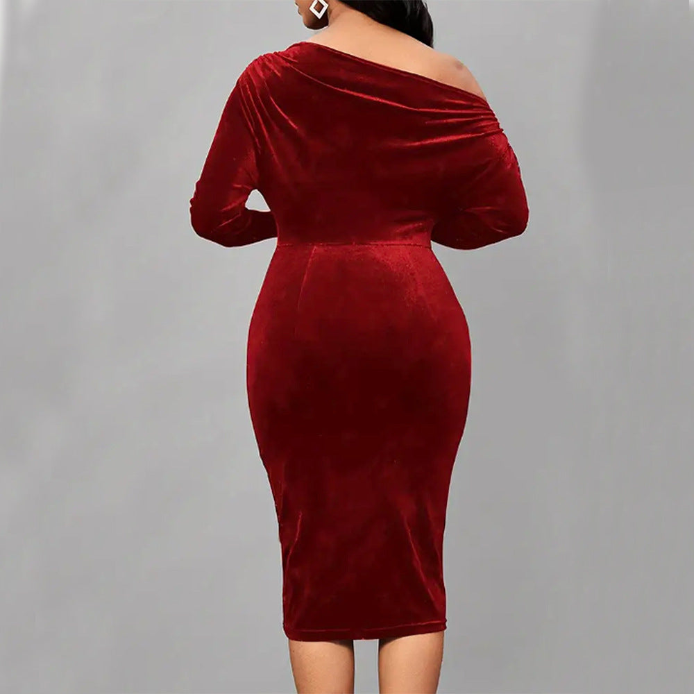 Dress for Women – Wrap Design – Velvet Texture – Asymmetric Neckline – Slim Fit