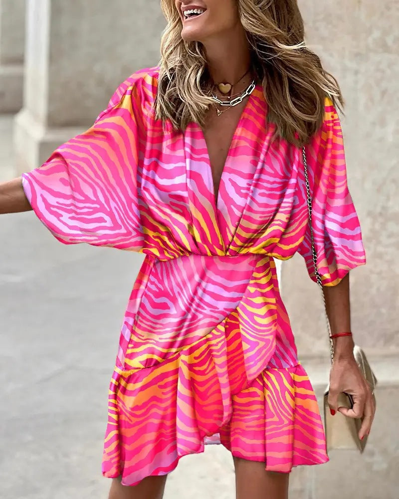 Women's A-line Dress – V-neck – Batwing Sleeves – Uneven Hem – Relaxed Fit
