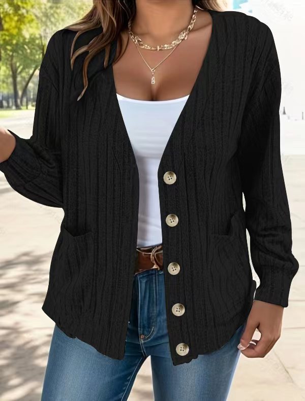 Women's Cardigan – Relaxed Fit – Ribbed Knit – Buttons – Hip Length – Pockets