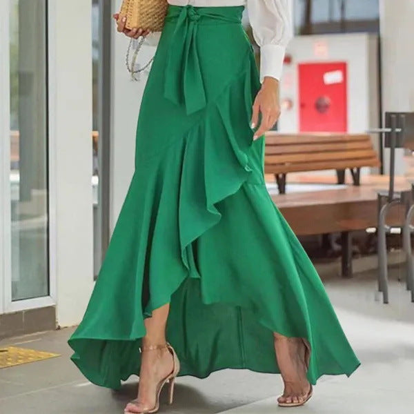 Women's Maxi Skirt – High Waist – Asymmetric Wrap – Ruffle Edge – Lightweight Fabric