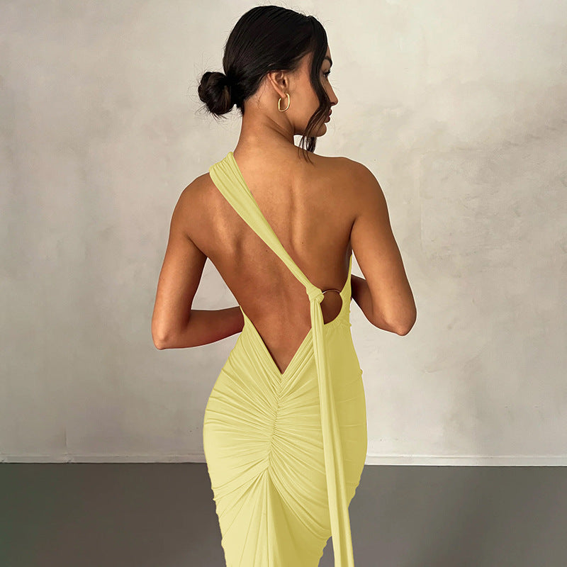 Dress for Women – Slim Fit – One Shoulder – Ruched Long Dress – Smooth Stretch Fabric