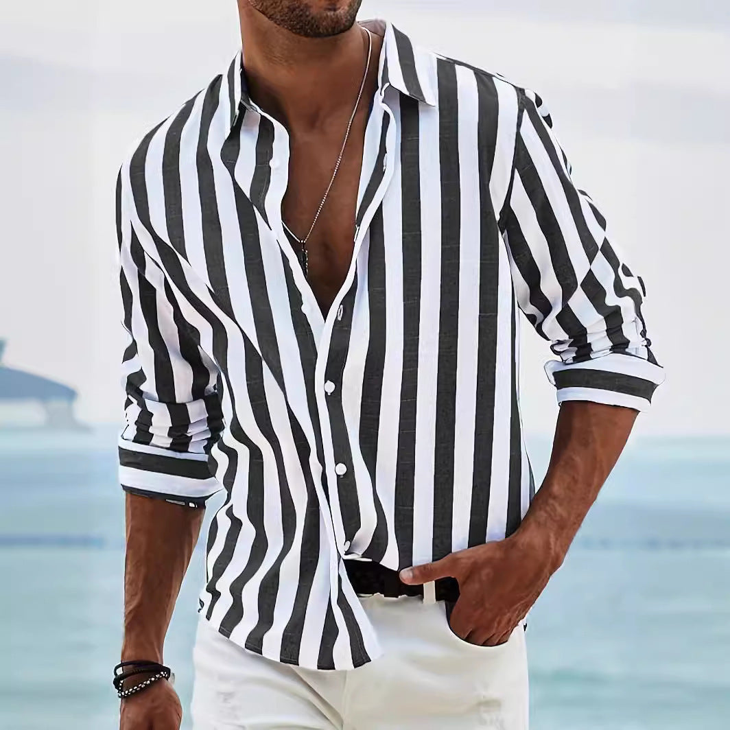 Men's Shirt with Long Sleeves – Cotton Linen Blend – Relaxed Fit – Striped