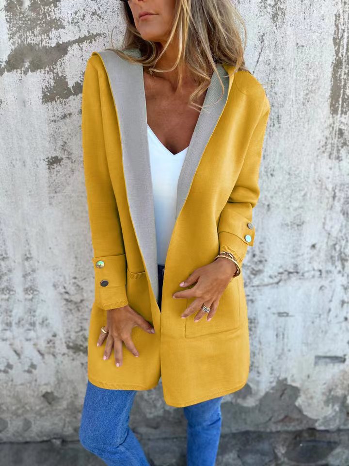 Women's Cardigan with Hood – Soft Knit – Relaxed Fit – Contrast Trim – Pockets