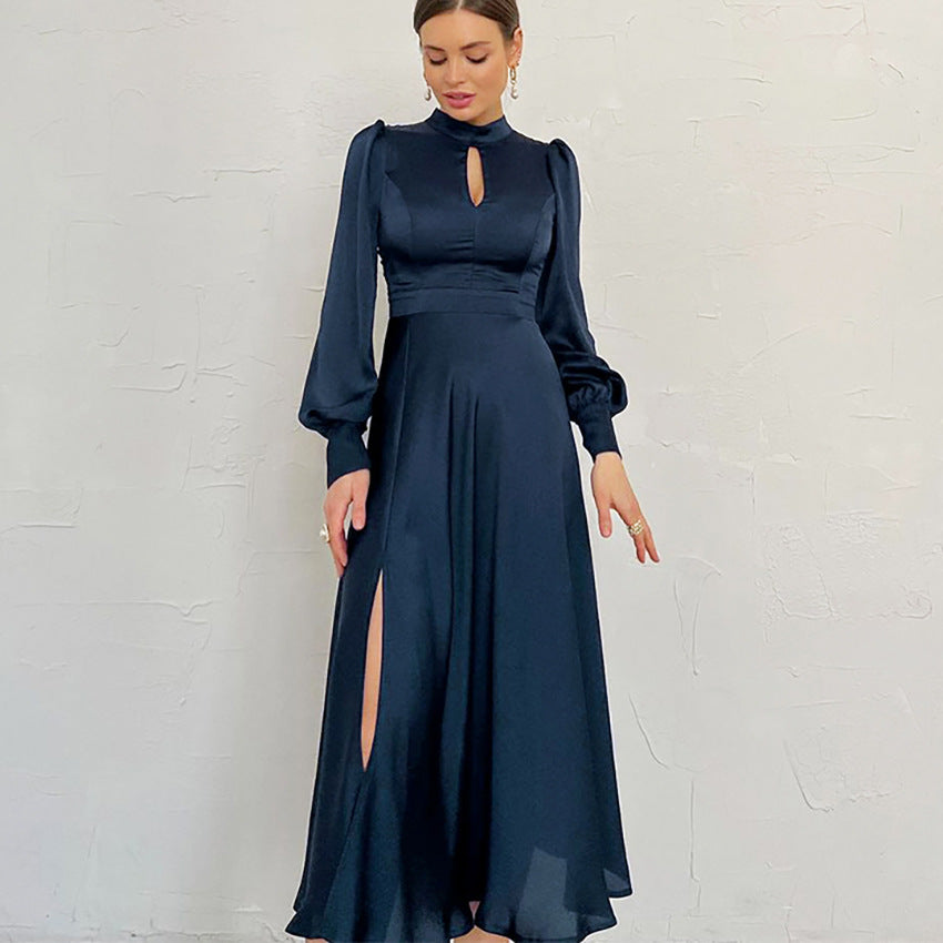 Dress woman long – satin – high neck – puff sleeves – elegant fit party