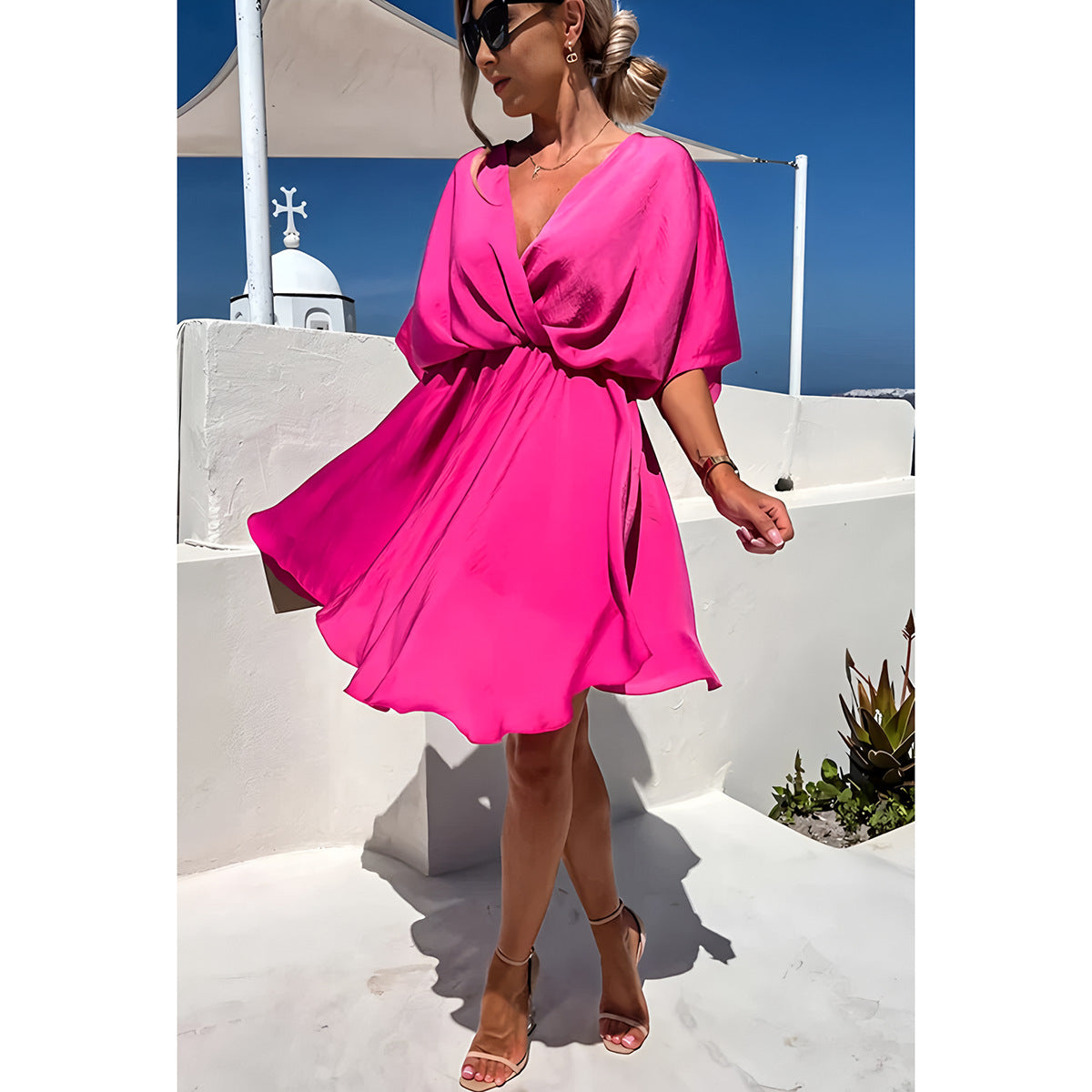 Dress for Women – Relaxed Fit – Batwing Sleeves – Asymmetric Midi Length – Elegant Draping