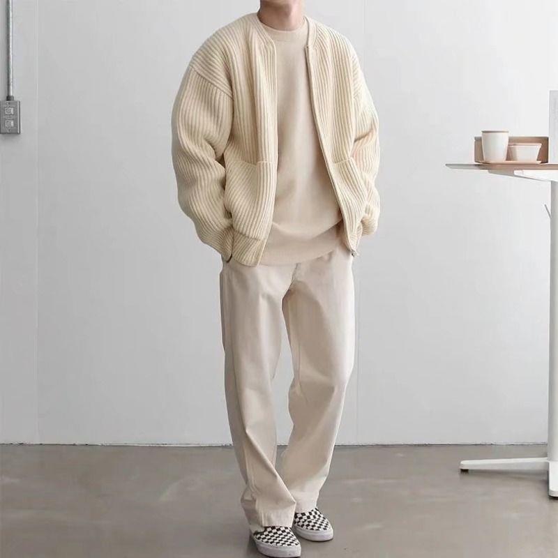 Men's Cardigan – Relaxed Fit – Ribbed Knit – Open Front – Soft Wool Feel