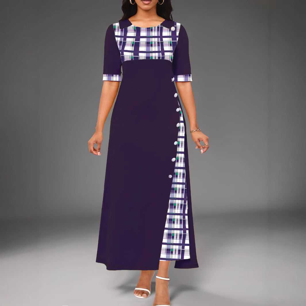 Dress woman long – Tailored fit – Round neck – Mid sleeve – Asymmetric check pattern