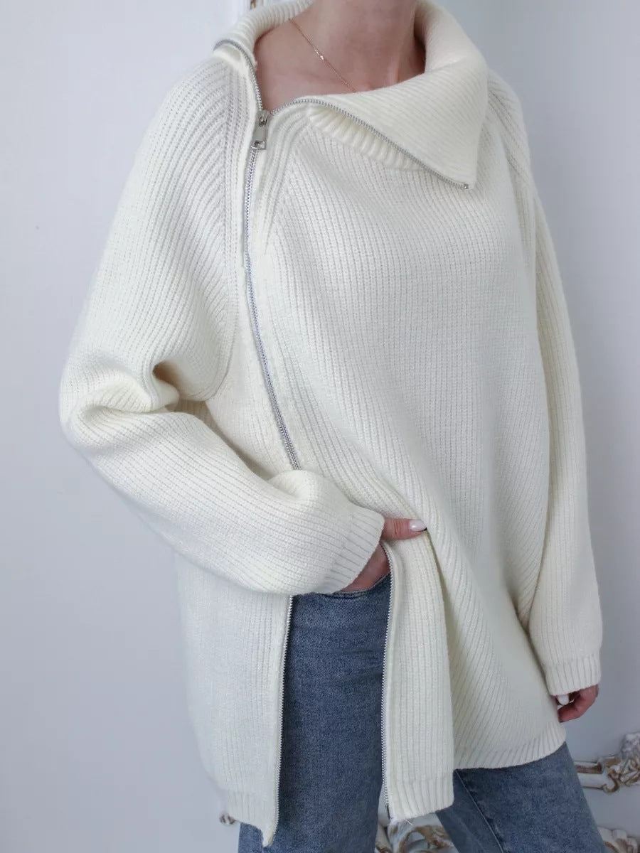 Women's Sweater – Oversized Fit – Ribbed Knit – Asymmetric Zipper – Large Collar
