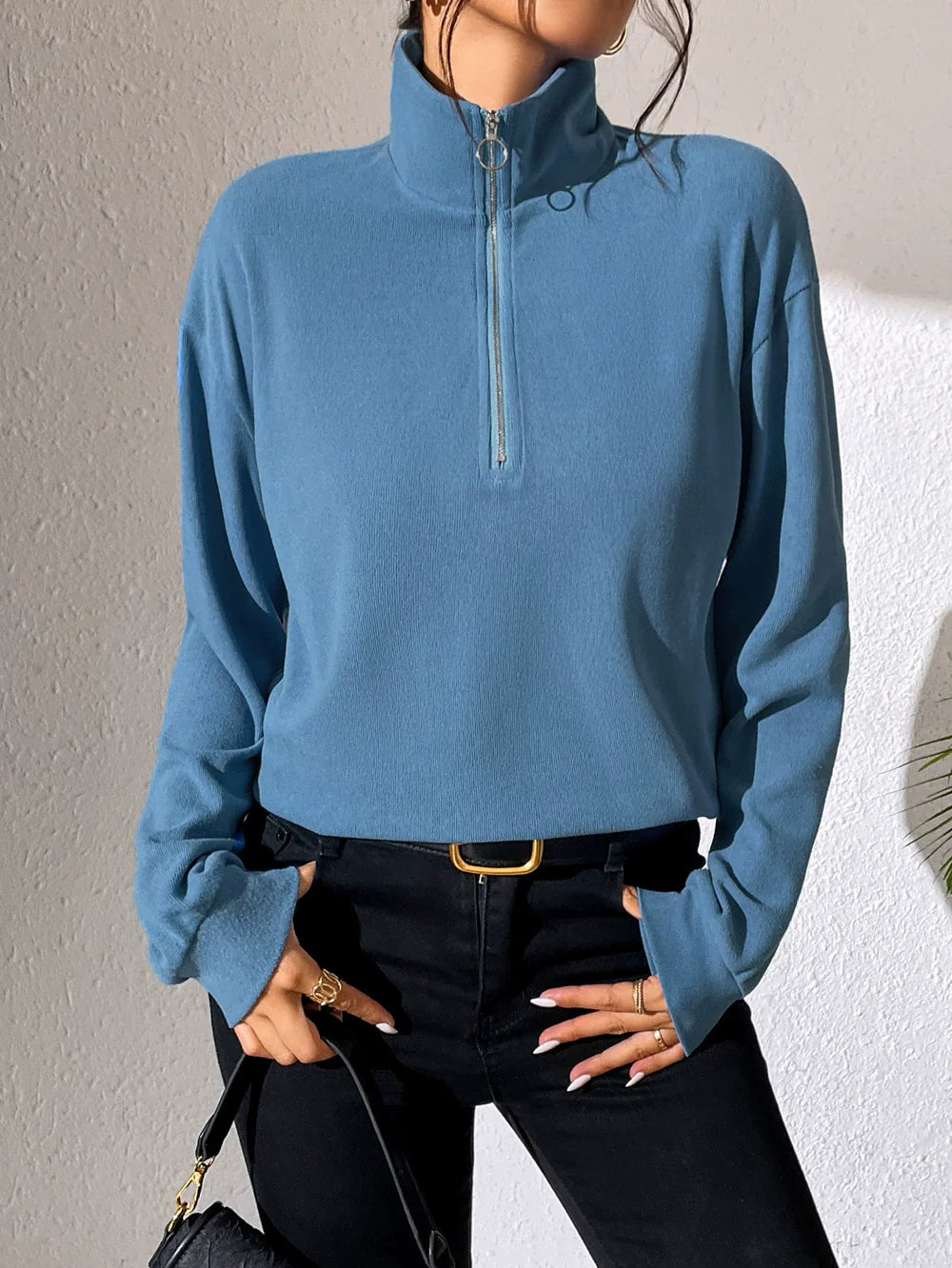 Women's Sweater with Half Zipper – Relaxed Fit – Cotton Blend – Long Sleeves