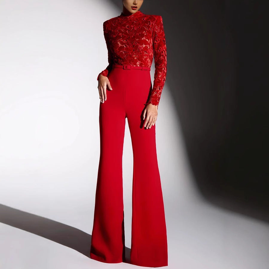 Women's jumpsuit – lace top – belt at the waist – flared legs – elegant fit