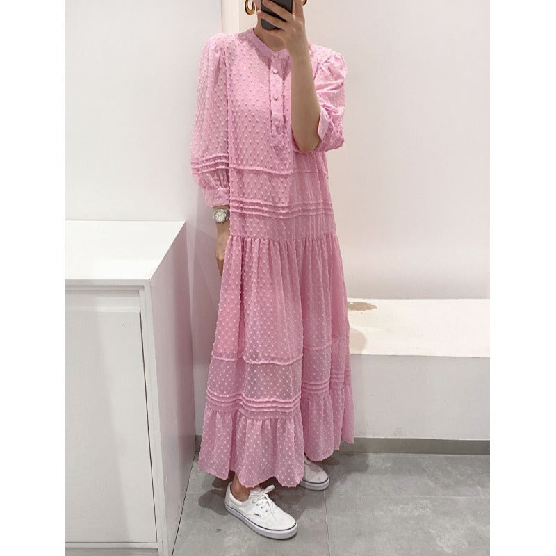Maxi Dress for Women - Elegant Layered Design - Soft Pin Dot Pattern