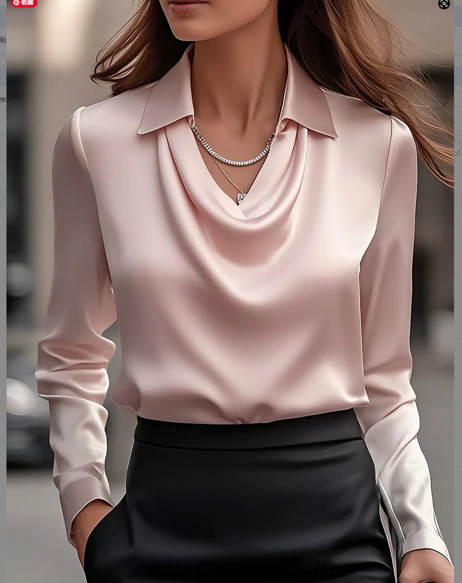 Women's Blouse – Satin-like Fabric – Draped Cowl Neck – Tailored Fit – Long Sleeve