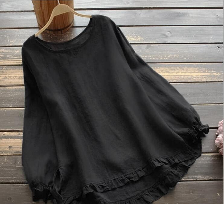 Women's Blouse – Loose Fit – Linen and Cotton – Ruffle Details – Long Sleeves