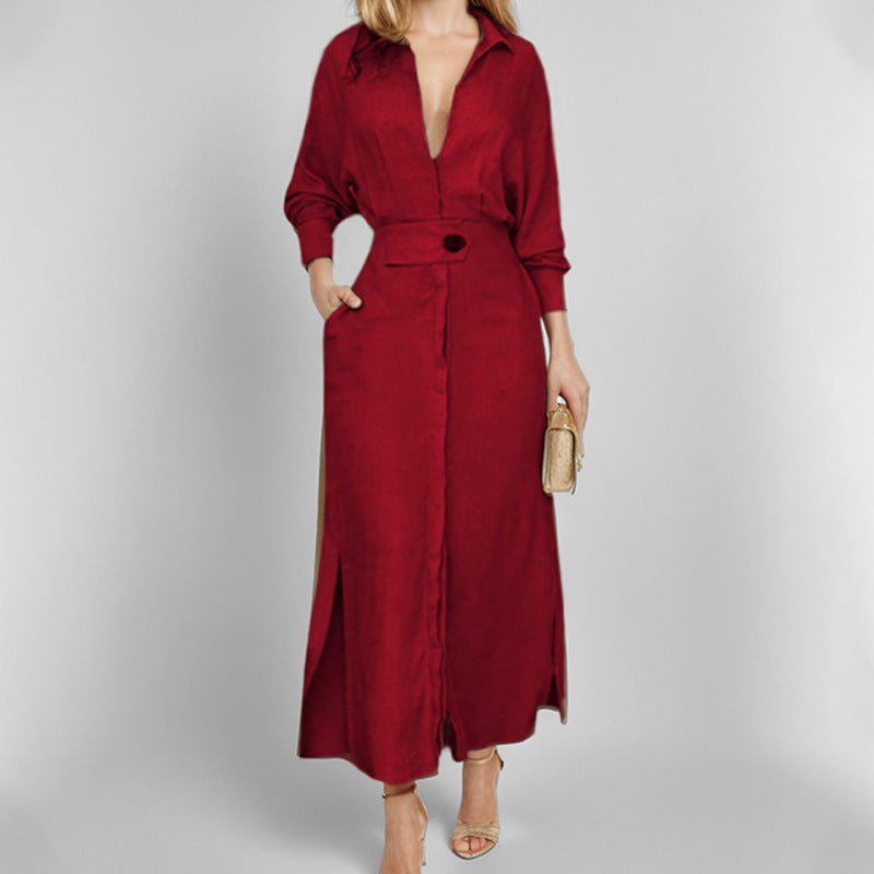 Dress for Women – Shirt Model – Linen – V-Neck – Waist Belt – Long Sleeves – Midi Length