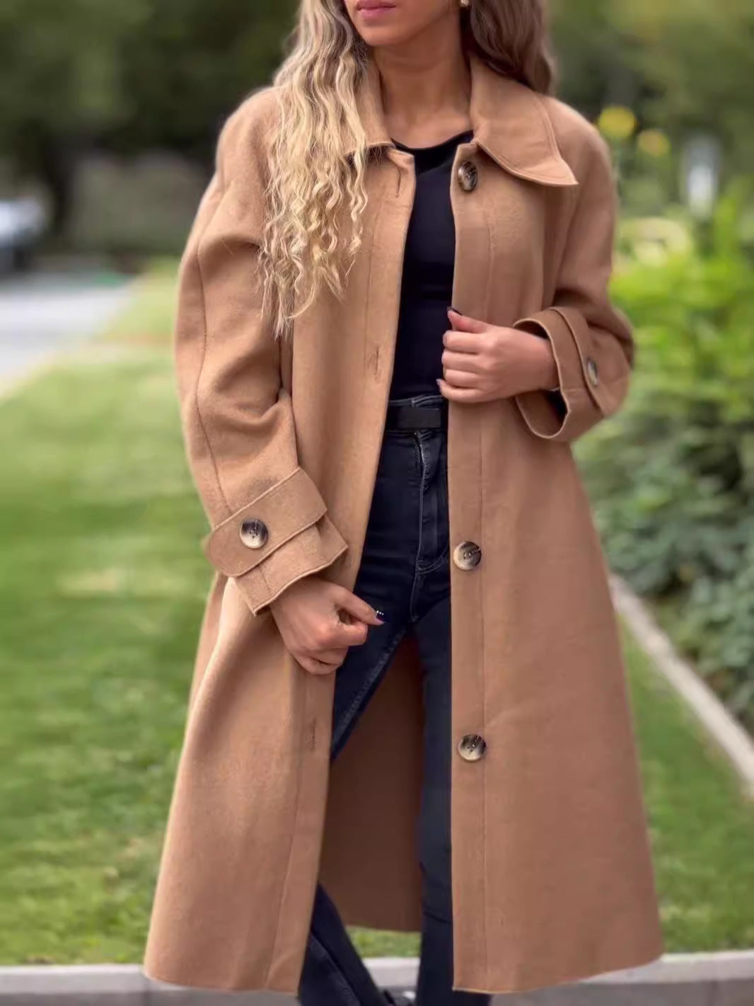Women's Long Coat – Wool Blend – Relaxed Fit – Button Front and Collar