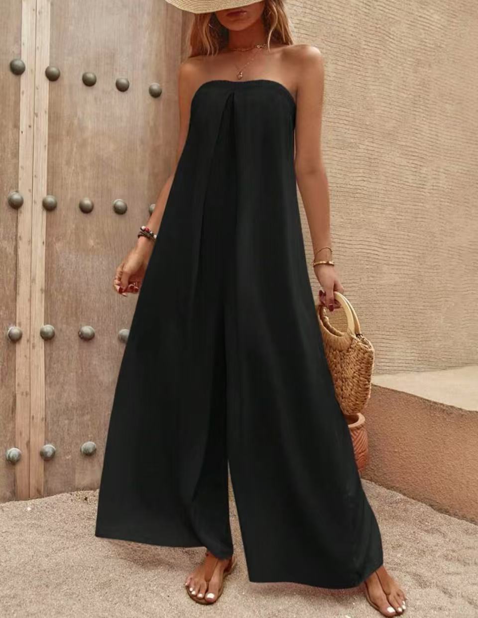 Dame Jumpsuit – Stroppeløs Bandeau – Avslappet Passform – Vide Ben – Lett Stoff