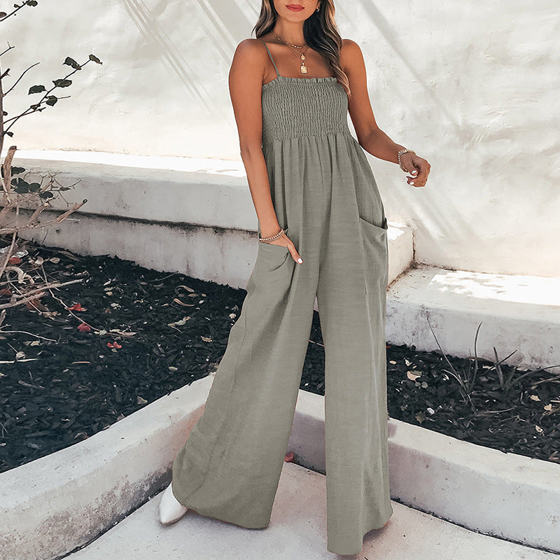 Women's jumpsuit – relaxed fit – ruched bodice – pockets – full length – breathable fabric
