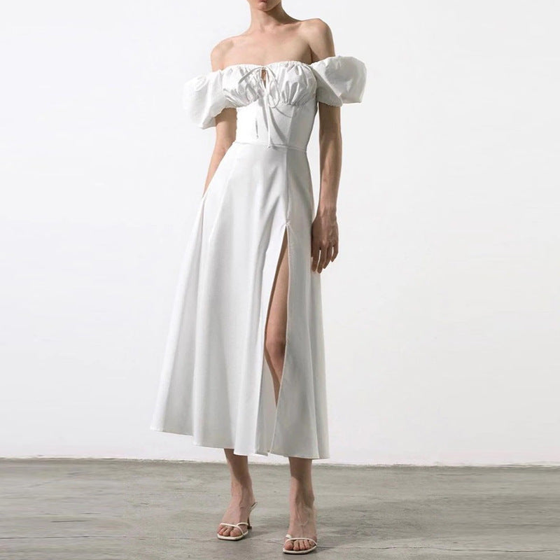 Kjole for dame – Off-Shoulder – Pufferm – Sløyfedetalj – Høyt splitt – Midi A-linje