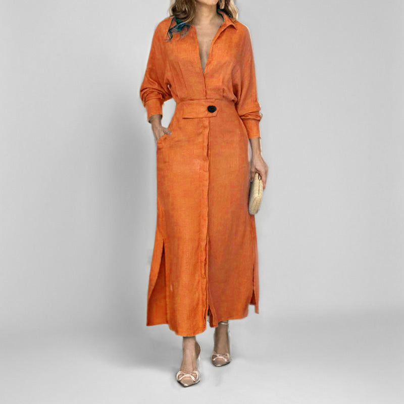 Dress for Women – Shirt Model – Linen – V-Neck – Waist Belt – Long Sleeves – Midi Length
