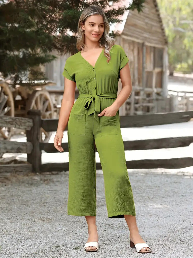Women's jumpsuit – V-neck – Short sleeve – Belt at the waist – Button closure – Relaxed fit