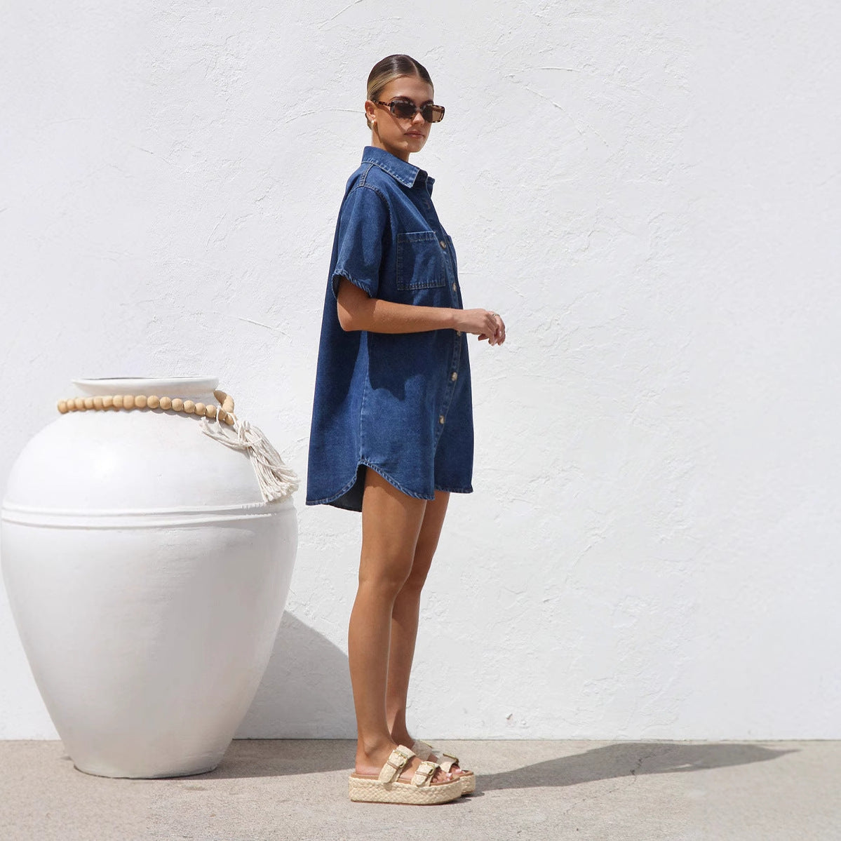 Women's Shirt Dress – Denim – Oversized Fit – Short-Sleeved with Buttons and Chest Pockets