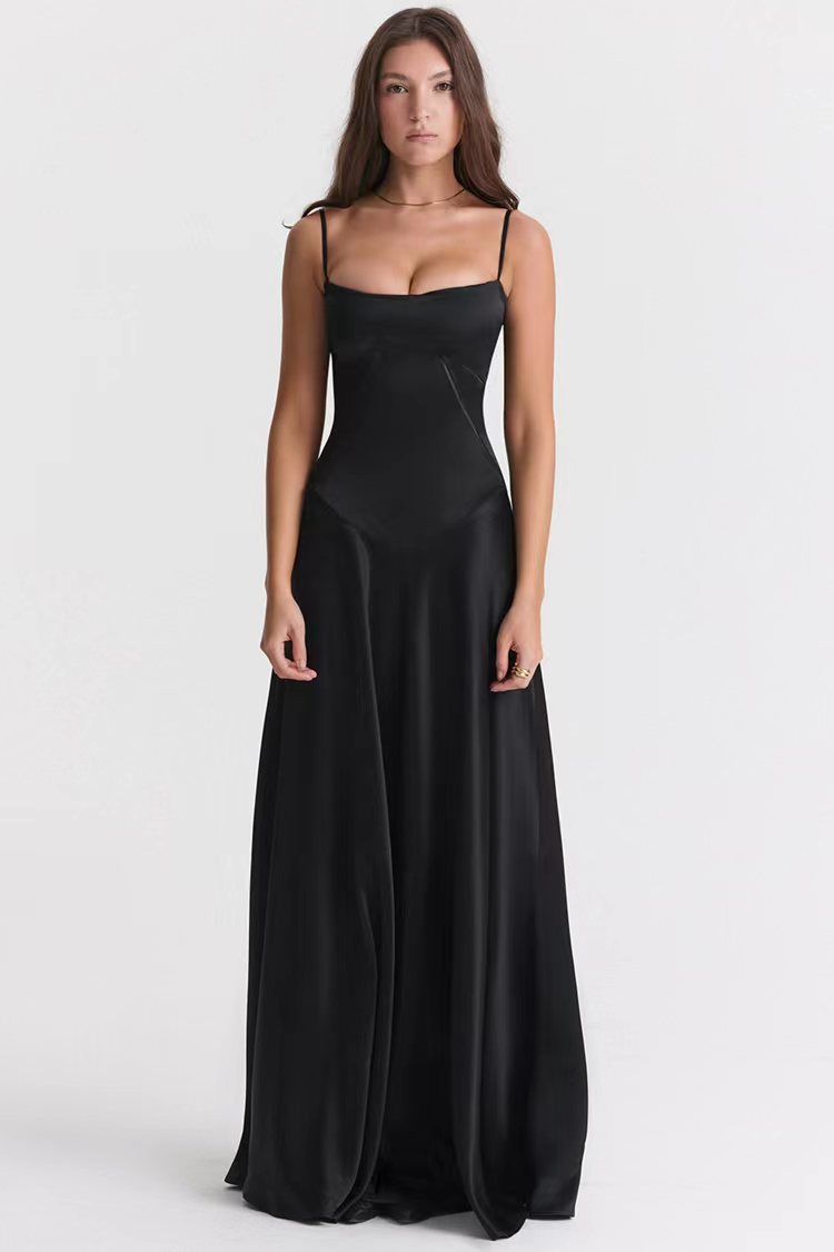 Dress for Women – Satin – Figure-Hugging Fit – Spaghetti Straps – Open Back – Floor-Length