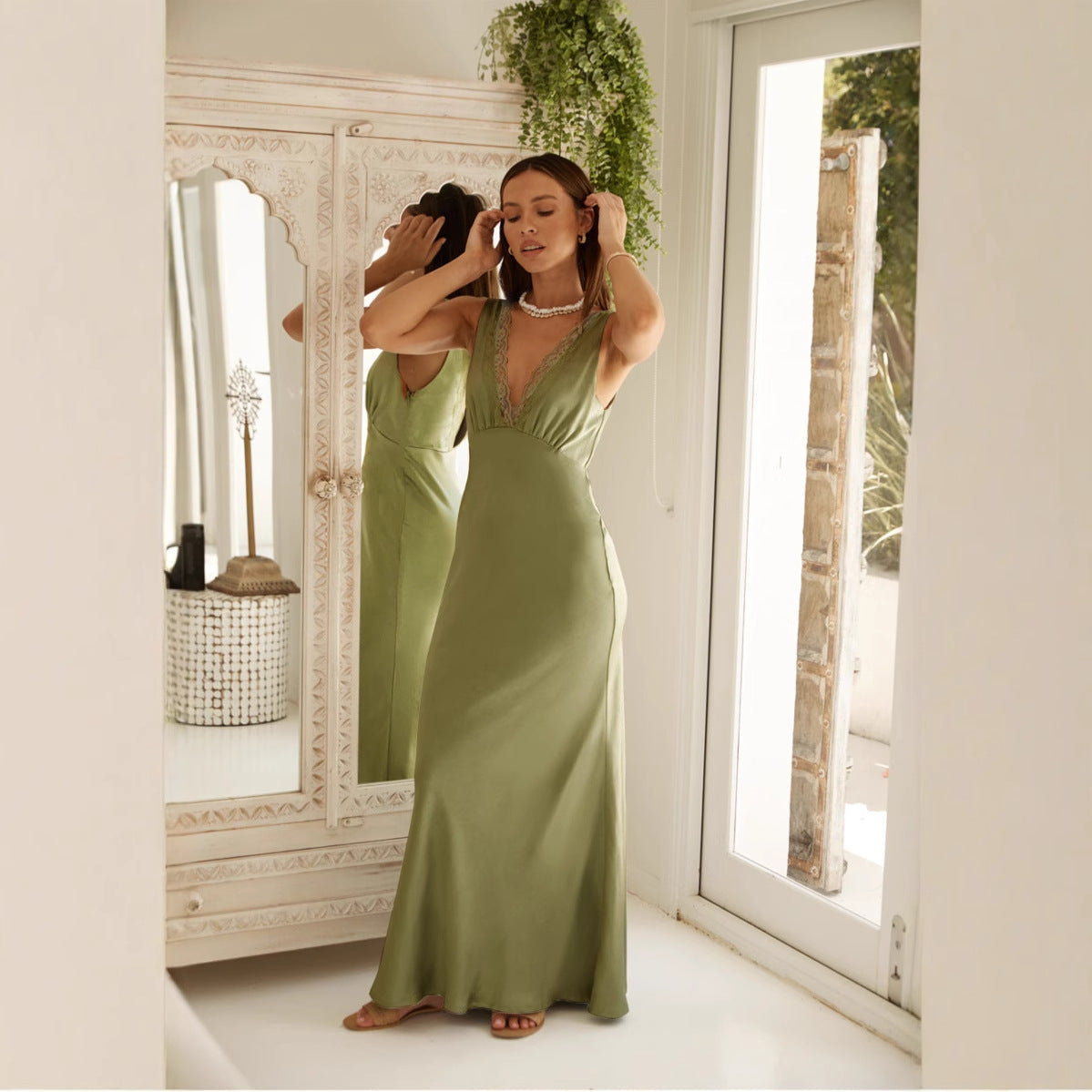 Dress for Women – Satin – Slim Fit – Sleeveless – V-Neck with Lace Details