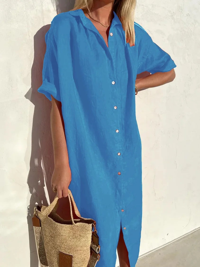 Women's Shirt Dress – Cotton Linen Blend – Relaxed Fit – Knee Length – Short Sleeved