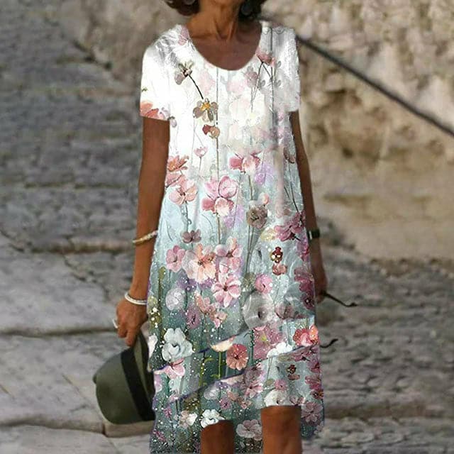 Women's Dress - A-line Fit - Round Neck - Short Sleeves - Floral Layered Design