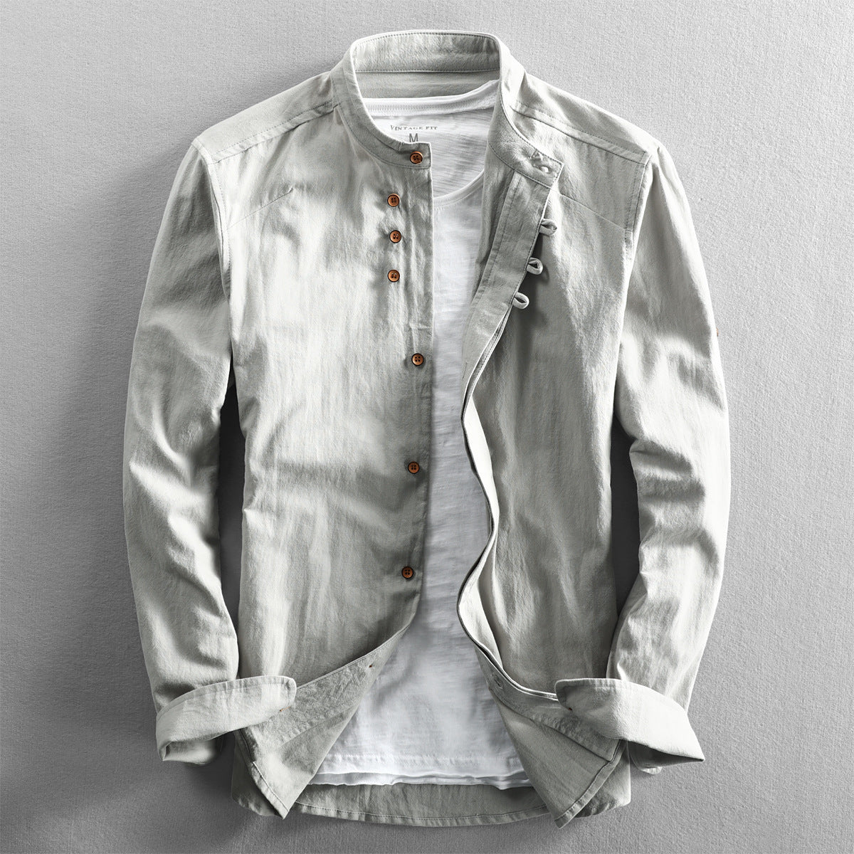 Men's Shirt – Linen – Relaxed Fit – Stand Collar – Long Sleeves with Buttons